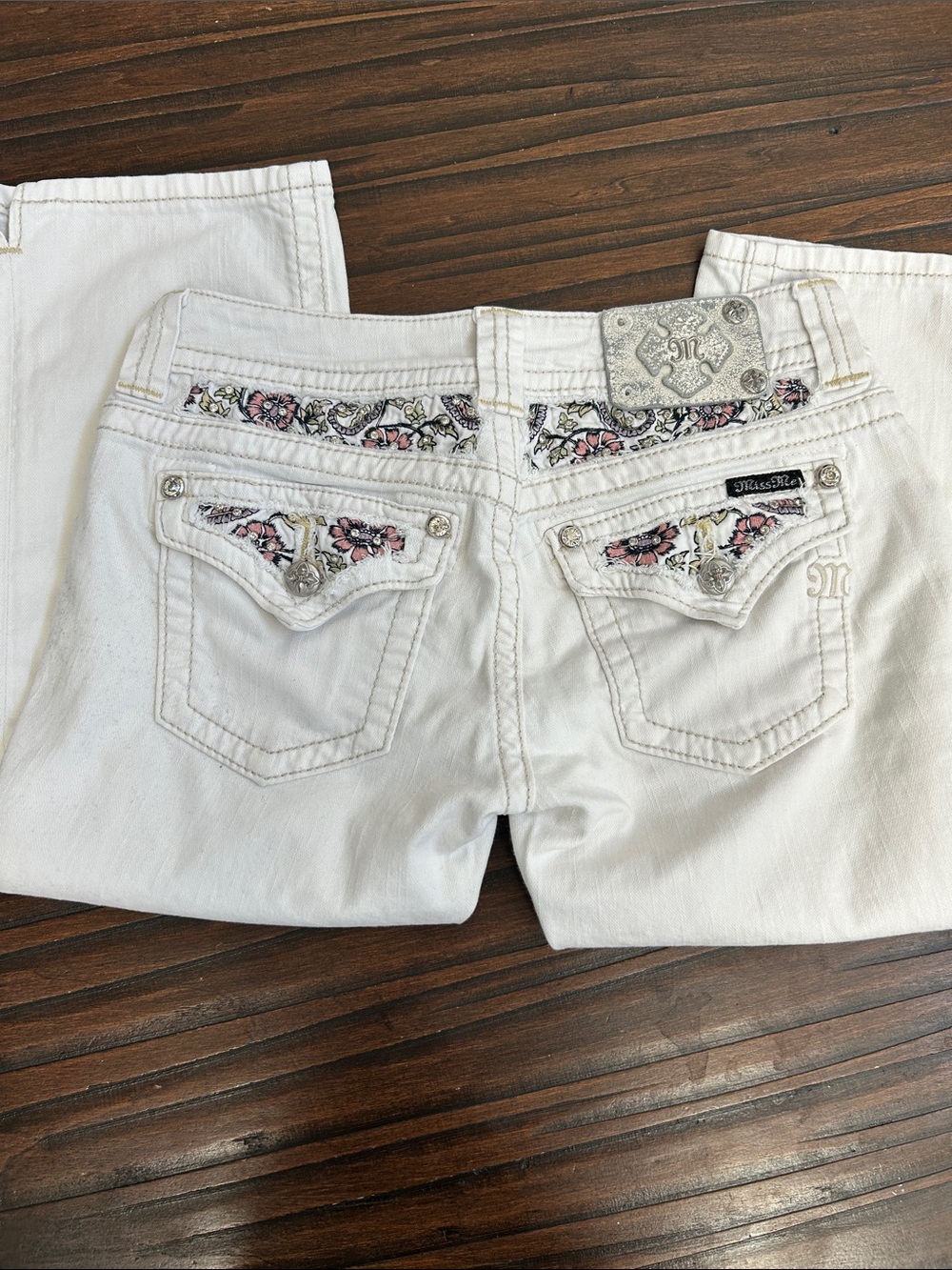 Miss Me White Denim Capris with Pink Floral Embroidery